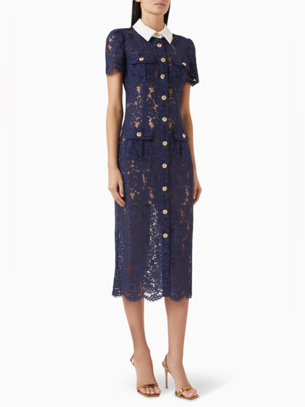 New with tags - Self-Portrait Navy Lace Midi Dress with White Collar US 4 - Picture 8 of 17